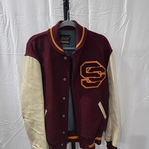 Vintage USC Maroon and Cream Letterman Jacket with Gold Trim